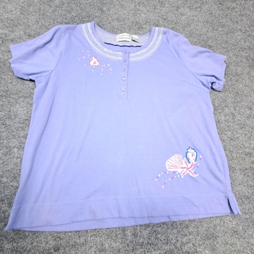 Shenanigans Lavender Purple Seashell Embroidered Henley Top Large Smocked Neck
